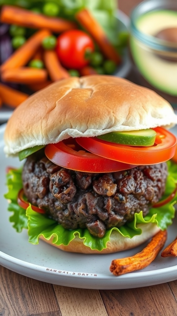 A vegan black bean burger on a toasted bun with lettuce, tomato, and avocado, served with sweet potato fries.